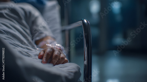 Patient's hand in a hospital bed with an IV in his arm with copy space for text. Background illustration of medical care and nursing attention.