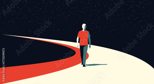 Man Walking on a Path Towards the Stars.