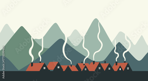 Mountain Village Scene - A Serene Landscape with Homes.