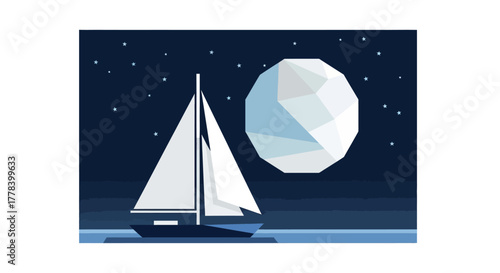Sailboat Under the Moonlight - A Serene Night Voyage.