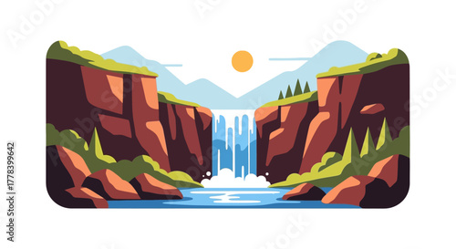 Scenic waterfall landscape between cliffs with green vegetation and sun.