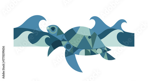 Sea turtle swimming in the ocean waves, geometric design.