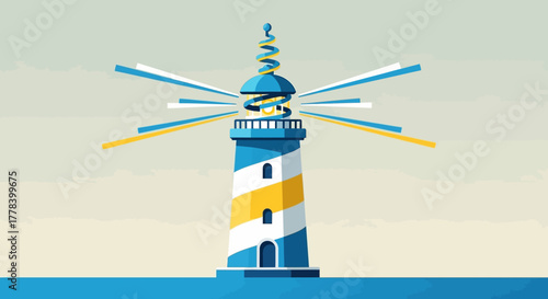 Stylized Blue and Yellow Striped Lighthouse Emitting Light Beams.
