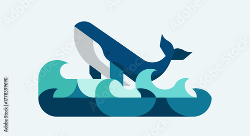 Stylized Blue Whale Breaching Through Abstract Ocean Waves.