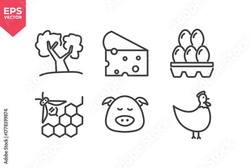 Set of line icons related to pig, poultry, cheese, eggs box, fruit tree, beekeeping. Outline icons collection. Editable stroke. Vector illustration