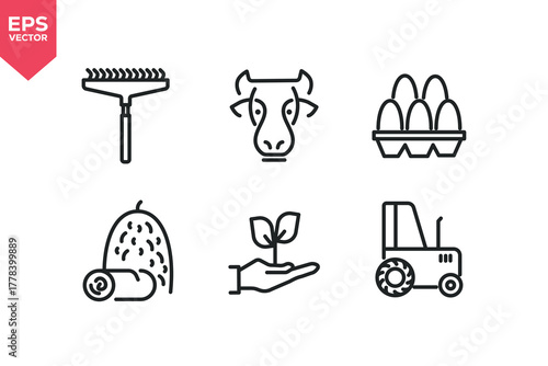 Set of line icons related to cow, eggs, rake, tractor, plant, haystack. Outline icons collection. Editable stroke. Vector illustration