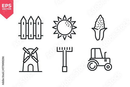 Set of line icons related to sun flower, fence, corn, rake, mill, tractor. Outline icons collection. Editable stroke. Vector illustration
