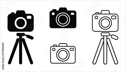 Four black and white camera icons on tripods and standalone on white background photography digital camera