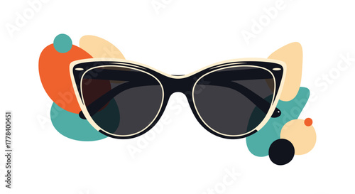 Fashionable cat-eye sunglasses with dark lenses and a light frame outline, adorned by colorful abstract organic shapes on a clean white background.