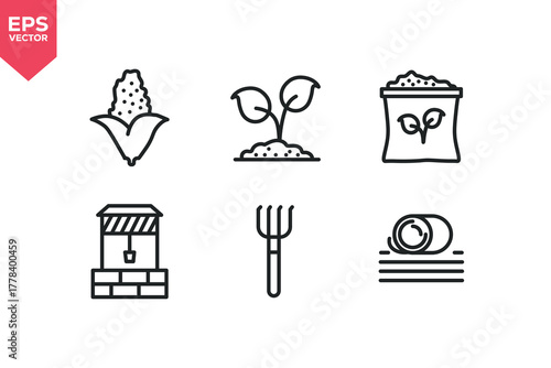 Set of line icons related to corn, sprout, hay fork, fertilizer, hay bale, water hole. Outline icons collection. Editable stroke. Vector illustration