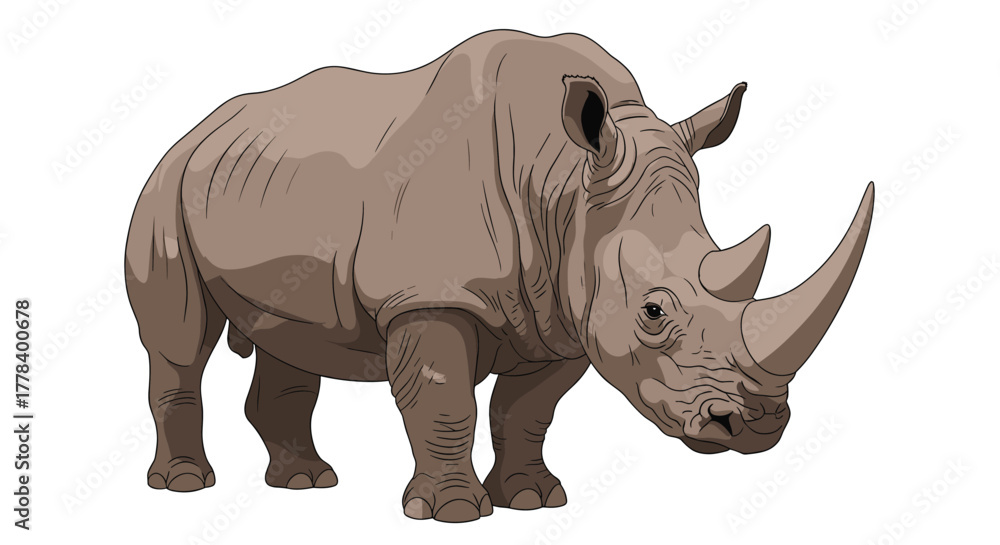 Fototapeta premium An illustration of a powerful rhinoceros with prominent horns and thick, wrinkled skin, standing firmly on a white background.