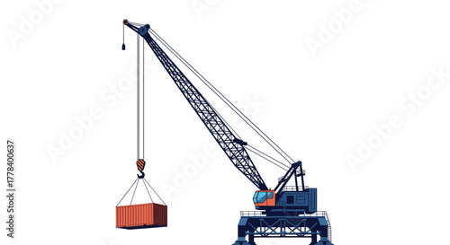 A large industrial crane is lifting a red shipping container, symbolizing global logistics and cargo transportation.
