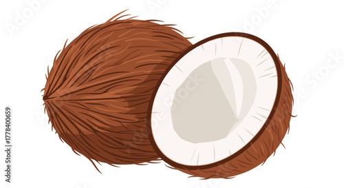 A whole coconut and a cut half coconut revealing its white flesh, isolated on a white background, representing tropical fruit.