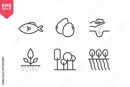 Set of line icons related to fish, fruit, plant, tree, seeds. Outline icons collection. Editable stroke. Vector illustration
