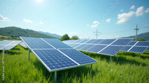 Solar Panels Generating Renewable Energy in Green Field under Bright Sunlight