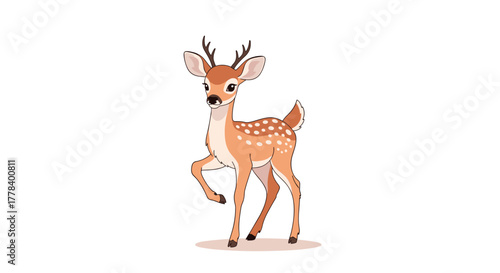 A cute cartoon fawn with small antlers and white spots stands on a white background, lifting one front leg.