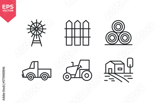 Set of line icons related to truck, tractor, farm house, windmill, fence, hay bale. Outline icons collection. Editable stroke. Vector illustration