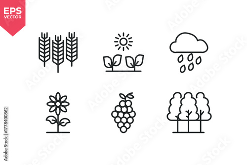 Set of line icons related to wheat, flower, tree, sun, rain, weather, wine. Outline icons collection. Editable stroke. Vector illustration