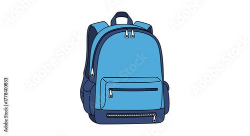 A bright cartoon-style blue backpack with several zippered compartments and shoulder straps, ready for school or a trip, isolated on a white background.