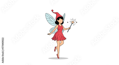 A whimsical cartoon fairy with a red dress, blue wings, and a pointy red hat holds a sparkling magic wand.