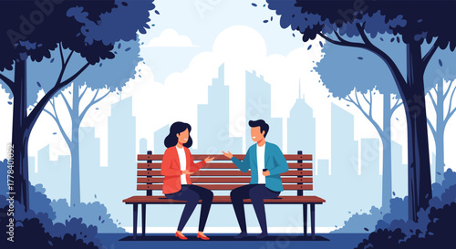 A man and a woman are sitting on a park bench in an urban park, having a pleasant conversation with a city skyline in the background.