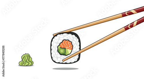 An appetizing salmon and cucumber sushi roll is lifted by elegant wooden chopsticks, with a dollop of vibrant green wasabi nearby, isolated on white.
