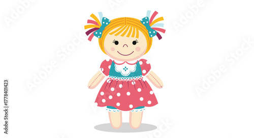 Charming illustration of a blonde rag doll with pigtails, wearing a vibrant polka-dot dress and colorful bows, standing on a white background.