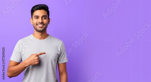 Smiling young adult Indian man in a grey t-shirt pointing to the side with a happy expression on a vibrant purple background, indicating direction or presenting something.