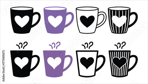 Eight graphic mugs with white hearts two black two purple two white and two striped black and white love