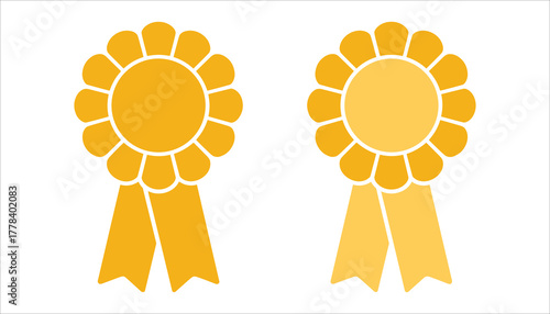 Two golden yellow award ribbons with scalloped edges and trailing streamers on white background gold ribbon