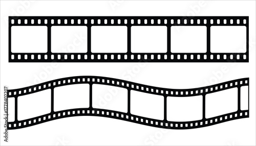 Black film strip frames with perforations one straight and one wavy on white background movie cinema