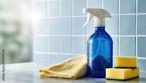 Blue spray bottle, yellow cleaning supplies on countertop