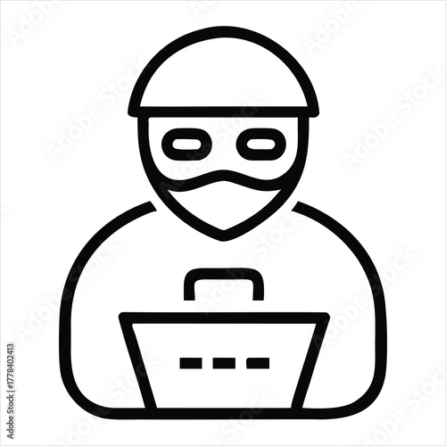 Stylized icon of a person in a hat and mask holding a bag