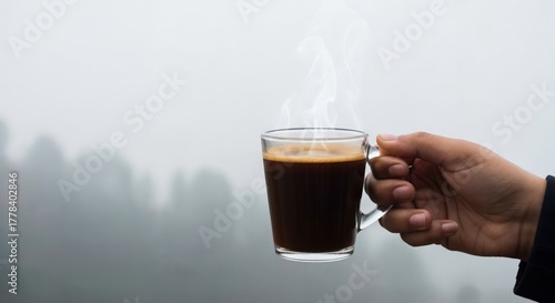 A person's hand gently holding a transparent glass cup filled with dark, steaming coffee, with a soft, misty forest in the background.