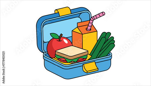 Open blue lunchbox filled with a red apple a sandwich juice box and green vegetables food healthy