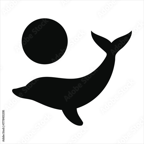 Stylized silhouette of a dolphin leaping towards a full moon in a minimalist design