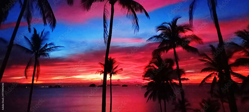 Obraz premium Sea sunset, tropical island beach sunrise, beautiful ocean landscape, colorful red pink purple sky clouds over water, coconut palm trees silhouette, summer holidays, vacation, travel
