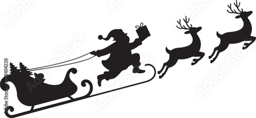 Black silhouette of Santa Claus in sleigh pulled by reindeer 1