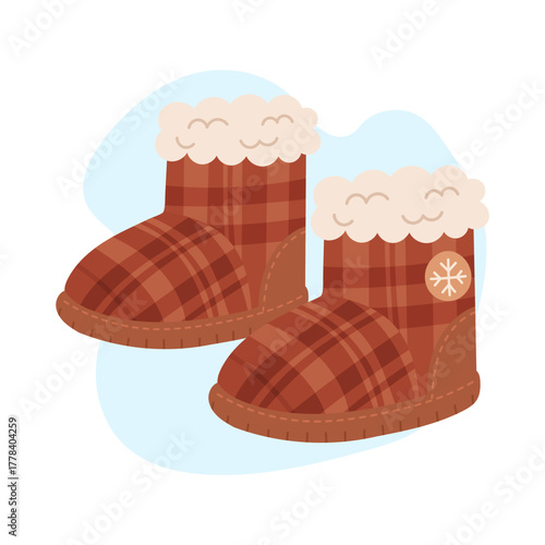 Warm plaid slippers boots with fur trim, slippers boots bringing cozy rustic charm and winter warmth, slippers design perfect for holiday season visuals, hygge lifestyle, relaxation scenes