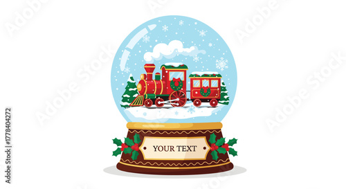 A delightful Christmas snow globe with a festive red train in a snowy scene with pine trees and snowflakes, on a decorative base for custom text.