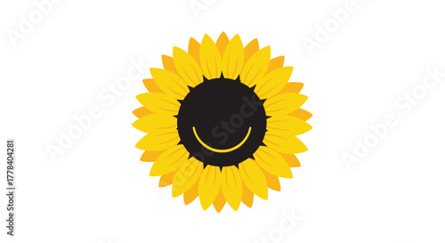 Simple and vibrant vector illustration of a sunflower with a friendly smiley face, conveying happiness and positive energy.