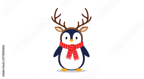 Cute cartoon penguin wearing reindeer antlers and a red striped scarf, ready for winter holidays and Christmas celebrations.