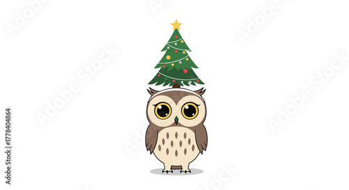 A sweet cartoon owl with large, captivating eyes, showcasing a festive spirit by balancing a charmingly decorated Christmas tree topped with a star.