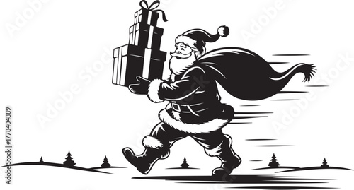 Black and white illustration of Santa Claus carrying gifts and a sack