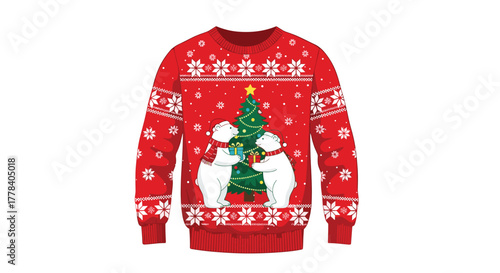 Festive red ugly Christmas sweater featuring two cute polar bears exchanging gifts in front of a decorated tree with snowflakes.