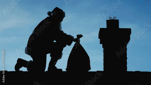 Silhouette of Santa Claus with gift bag on rooftop near chimney