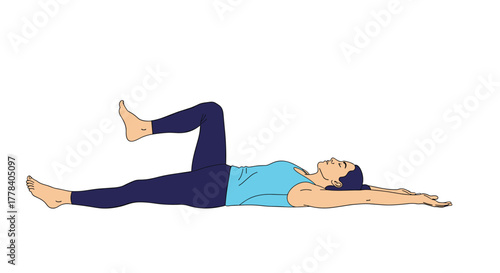 A woman performs a single leg stretch exercise while lying on her back with arms extended overhead.