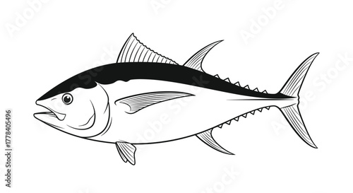 A striking black and white line art illustration of a tuna fish, presented in profile with its characteristic sleek body, fins, and finlets.