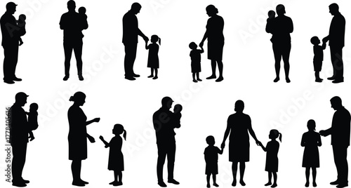 Adult and child silhouette scenes with walking, holding hands, talking and bonding for parenting, caregiving and relationship vector illustration design