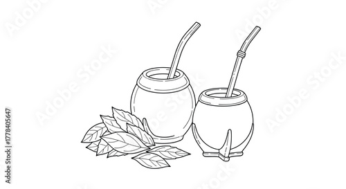 Detailed line art depicting two traditional yerba mate gourds with bombillas alongside a heap of dried mate leaves, ready for brewing.